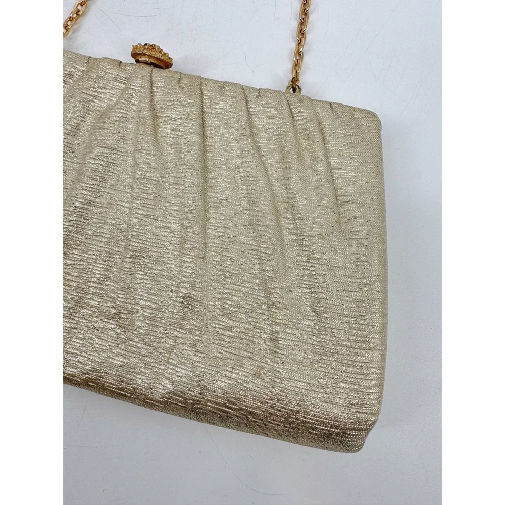 Vintage Gold Metallic‎ Pleated Evening Clutch Bag Rhinestone Clasp Chain Strap